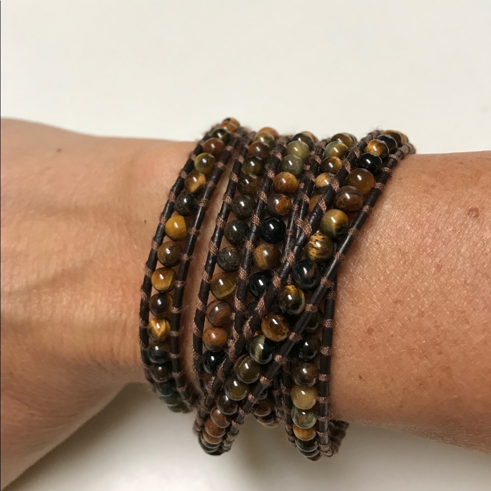 Brown Leather Wrap Bracelet with Tigers Eye Beads